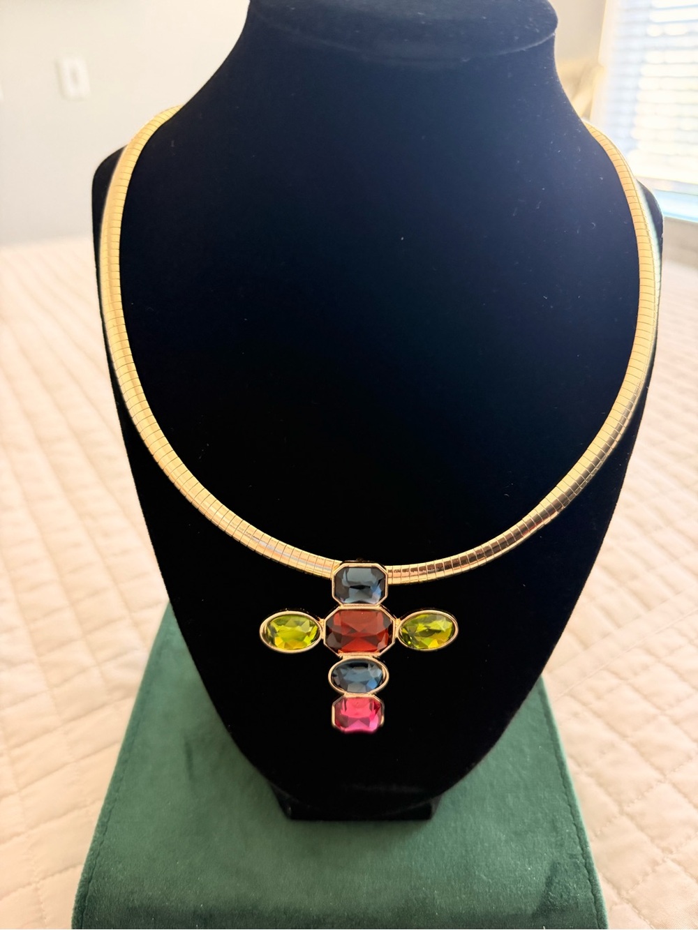 Gold-Tone Multi-Gem Cross Pendant Necklace - Vibrant Multicolour MANCINI Vintage